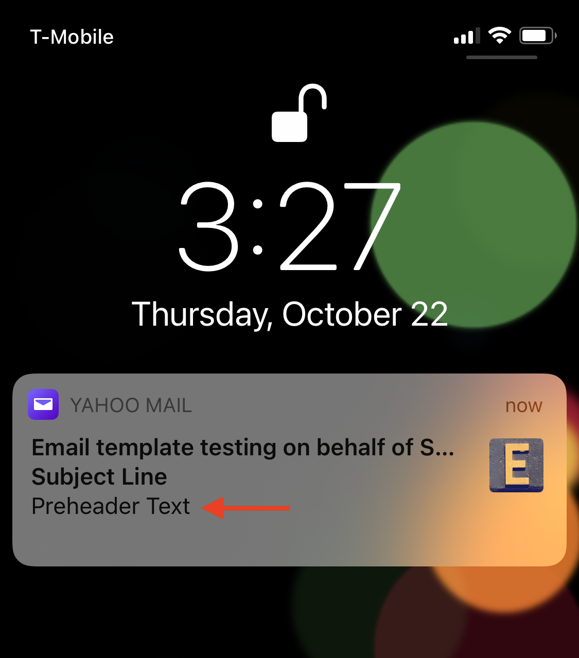 Preheader text example in the Push Notification, Yahoo Mail, iPhone 11 Pro