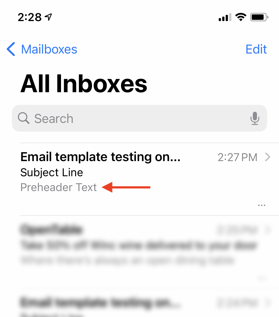 Preheader text example, Mail App, iPhone 11 Pro